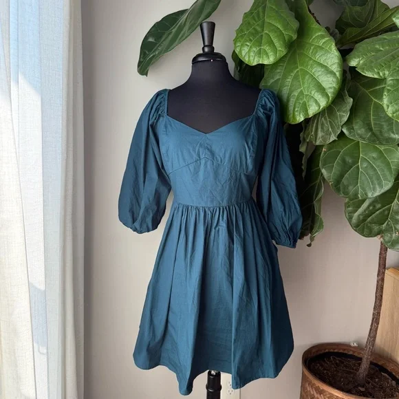 Arula Puff Sleeve Sweetheart Neckline Cotton Poplin A-Line Dark Teal Mini Dress